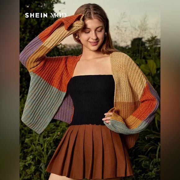 Shein Size Small Boho Colorblock Drop Shoulder Open Front Knit Cardigan Sweater - Picture 1 of 5
